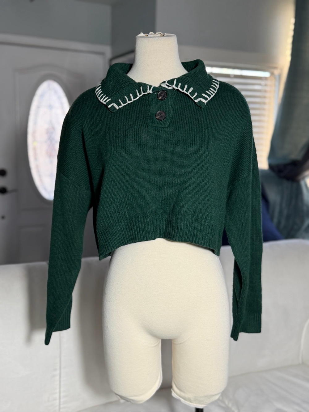 Y2K Dark Green Cropped Polo Sweater with Contrast Stitching OS